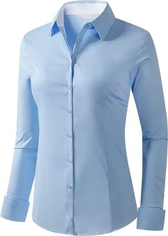 Amazon.com: FANCIER Button Down Shirts for Women Long Sleeve Regular Fit Simple Stretch Casual Dress Shirts for Women, Blue, Medium : Clothing, Shoes & Jewelry Dress Shirt Designs For Women, Office Wear Shirts For Women, Formal Shirt Design For Women, Smart Shirts Women, Blue Button Down Women, Blue Shirt Outfits Women, Office Shirts For Women, Formal Shirts Women