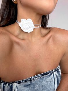 The Floral Choker Necklace is a fabric flower choker necklace featuring a 60" inch cord and fabric flower. This is super light weight. how to style: This necklace will make a statement with any outfit. care: 100% polyester, hand wash cold, line dry size: model is wearing one-size Flower Necklace Outfit, Choker Outfit, Floral Choker, Rose Choker, Flower Choker Necklace, Necklace Outfit, Prom Accessories, Bridal Choker, Flower Choker