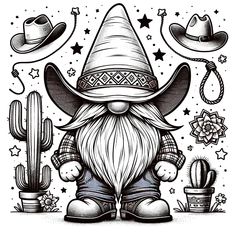 a black and white drawing of a wizard sitting in front of cacti, cactuses