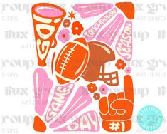 an orange and pink football helmet with flowers on it, surrounded by other sports related items