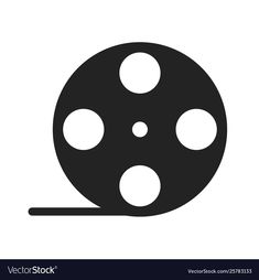 a black and white film reel with four dots on the side, in front of a white background