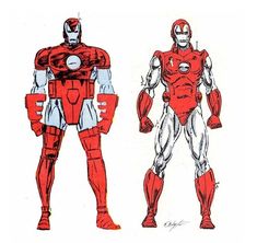 two red and white robots standing next to each other in front of a white background