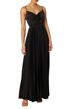 Allover pleats lend graceful movement to this elegant evening-out gown designed with a perfectly draped skirt. Hidden back-zip closure V-neck Adjustable straps Partially lined 100% polyester Hand wash, dry flat Imported Black Formal Dress Wedding, Black Textured Dress, Anthropologie Black Dress, Long Formal Dresses Black, Black Satin Dress Bridesmaid, Pleated Formal Dress, Black Formal Bridesmaid Dresses, Pleated Evening Dress, Winter Black Tie Dress