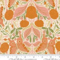 an orange and pink floral print on white fabric with green leaves, flowers and birds