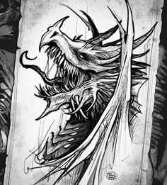 a black and white drawing of a dragon on a piece of paper with writing underneath it