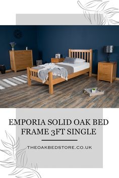 a bedroom with blue walls and wooden furniture in the background is an advertisement for a bed frame 3ft single