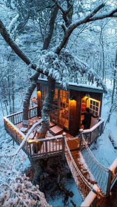 a tree house in the middle of a snowy forest