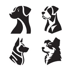 four black and white dogs silhouettes on a white background, each with their own dog's head