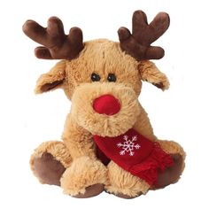 a stuffed reindeer wearing a red scarf