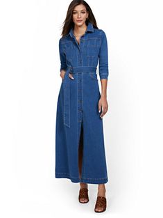 Shop Denim Maxi Shirtdress. Find your perfect size online at the best price at New York & Company. Work Apparel, Denim Maxi Dress, Utility Style, Summer Work, Denim Maxi, Casual Weekend, Denim Details, Casual Spring, Petite Fashion