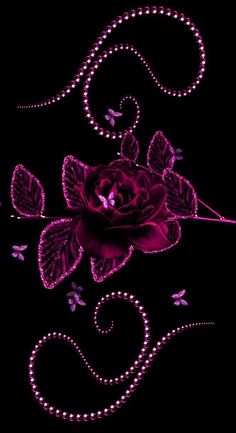 a purple rose on a black background with swirls and butterflies in the corner,