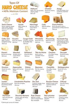 the types of cheese that are in different languages and sizes, all labeled with their names