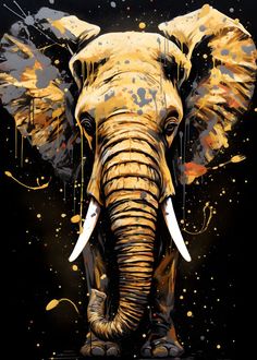 an elephant with yellow paint splatters on it's face and tusks