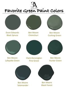 the different shades of green paint for walls and ceiling in various colors, including dark green