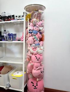 a shelf filled with lots of pink stuffed animals next to a white bin full of stuff