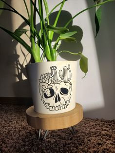 a potted plant with a skull face painted on it's side sitting on a wooden stand