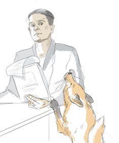 a drawing of a man sitting at a desk with a dog and reading a book