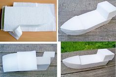 four different views of an empty paper boat