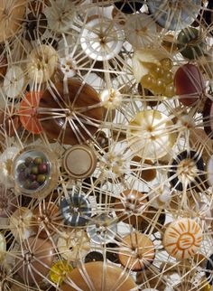 many different objects are arranged together on the wall in this artistic display, including glass beads and wire