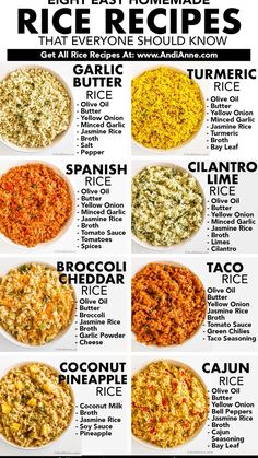 different types of rice are shown in this recipe for rice and other foods that include broccoli