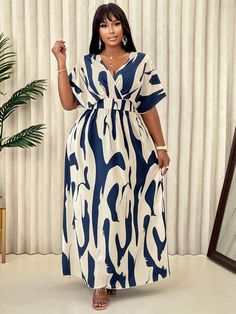 Plus Size Women's Casual V-Neck Floral Print Dress (Floral Pattern Random) Blue Casual  Short Sleeve Fabric Colorblock,Graphic,Tribal,All Over Print A Line Non-Stretch  Women Plus Clothing, size features are:Bust: ,Length: ,Sleeve Length: Plus Size Cruise Wear, Plus Size Dress Patterns Free, Rayon Fabric Dresses, Chiffon Dress Casual Classy, Chiffon Gown Styles, Chiffon Styles, Casual Gowns, Bubu Gown Styles, Ankara Long Gown Styles