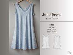 an image of a dress on a hanger with the sewing pattern below it that says, juno dress sewing pattern