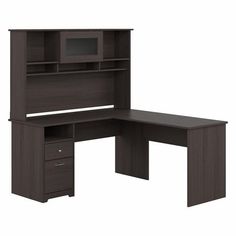 an l shaped desk with hutch and file cabinet in dark brown finish, viewed from the front