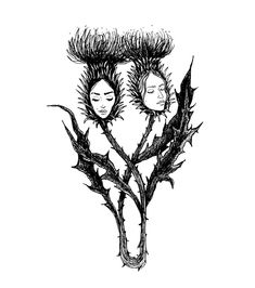 two people are sitting in the middle of some plant stems, with their heads on top of each other