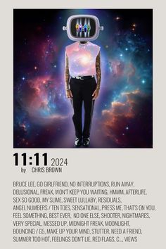 a poster with an image of a man wearing a virtual headset and standing in front of a galaxy background