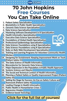 a poster with the words 70 john hopkins free courses you can take online