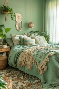 a bed with green sheets and pillows next to a potted plant in a room