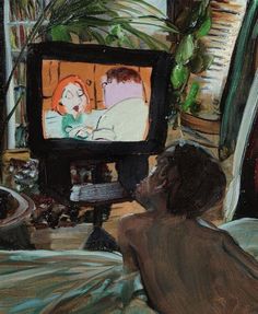 a painting of a person sitting in front of a tv