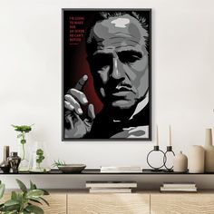 Make your wall pop with artwork from The Godfather! This artwork will show off enthusiasm for your favorite movie. Using black, gray, and red, this print draws attention to any room. Add this design to give your walls a special look! Our canvases come in many types and sizes, so customize what is best for you. Artist: Nikita Abakumov Godfather Painting, Vito Corleone, Wall Pop, Film History, Framed Oil Painting, Gallery Frame, Iconic Movies, Favorite Movie