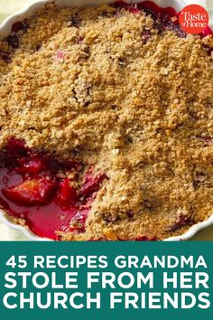 a pie with crumbled toppings and text overlay reads, 5 recipes grandma stole from her church friends