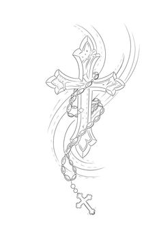 a drawing of a cross and rosary on a white background