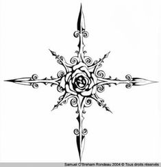 a black and white drawing of a cross with a rose in the center on it