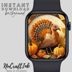 an apple watch with a turkey and pumpkins on it