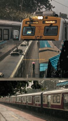 two pictures side by side one shows a train and the other shows a person with an umbrella