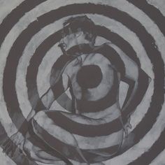 a black and white drawing of a man with a hat on his head sitting in front of a spiral design