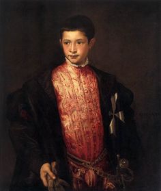 a painting of a young man wearing a red shirt and black coat with a cross on his chest