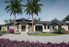 this is an artist's rendering of the front entrance to a house with palm trees