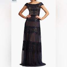 Brand New, With Tags, Never Worn Evening Gown! Navy Sheer Dress With A Nude Underlay! True To Size Animal Print Cocktail Dresses, Black Ribbed Midi Dress, Black Strapless Gown, Silk Formal Dress, Cocktail Bridesmaid Dresses, Embroidered Tulle Dress, Tadashi Shoji Dresses, Lace Evening Gowns, Evening Gown Dresses