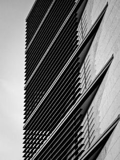 a black and white photo of the side of a building with vertical lines on it