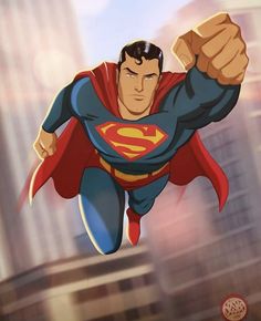 superman flying through the air with his fist raised in front of him and buildings behind him