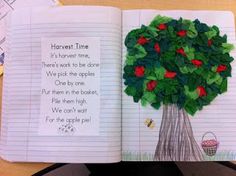 an open children's book with a tree on the page and writing about it