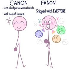 two stick figures with different expressions on them, one saying canon and the other saying fanon