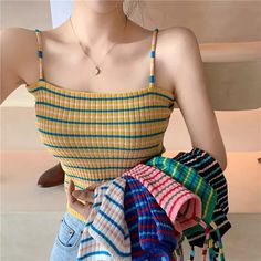 Spaghetti Strap Shirt, Women Knitting, Slim Fit Crop Top, Harajuku Streetwear, Spaghetti Strap Tank Top, Sleeveless Tee, Ribbed Crop Top, Striped Crop Top, Knit Crop Top