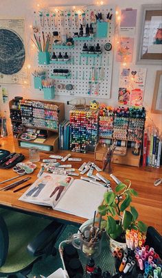 a desk with lots of crafting supplies on top of it and an iphone screen