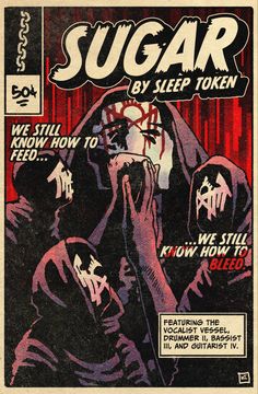 an advertisement for sugar by sleep token, featuring two men in black hoods and red background