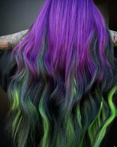 Black Light Hair Dye, Green Black And Purple Hair, Black Green Purple Hair, Beetlejuice Hair Color, Halloween Colored Hair, Black And Vivid Hair Color, Halloween Dyed Hair, Vibrant Hair Color Ideas Brunettes, Green And Purple Hair Ideas